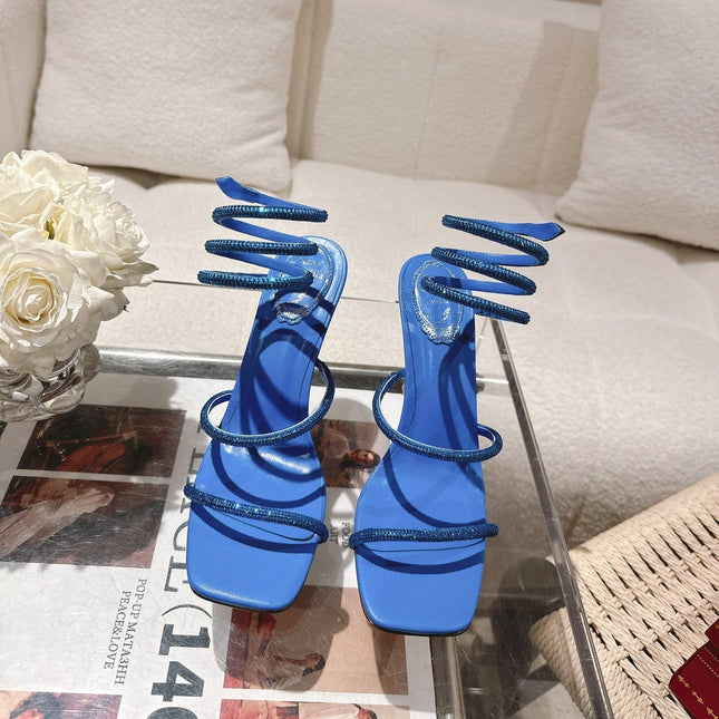 RENE CAOVILLA 26S SQUARE TOE ANKLE STRAP SANDALS 95 MM IN BLUE LAMBSKIN