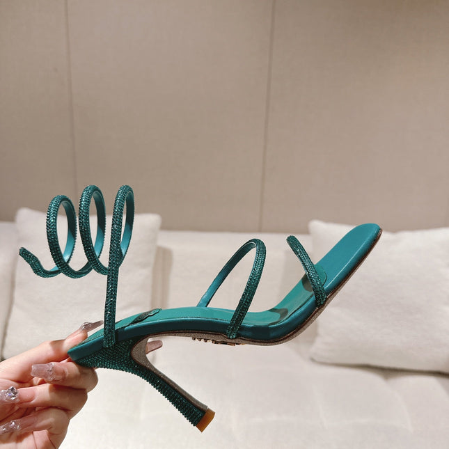 RENE CAOVILLA 26S SQUARE TOE ANKLE STRAP SANDALS 95 MM IN EMERALD GREEN LAMBSKIN