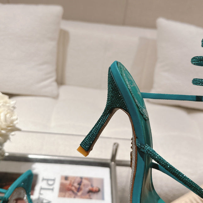 RENE CAOVILLA 26S SQUARE TOE ANKLE STRAP SANDALS 95 MM IN EMERALD GREEN LAMBSKIN