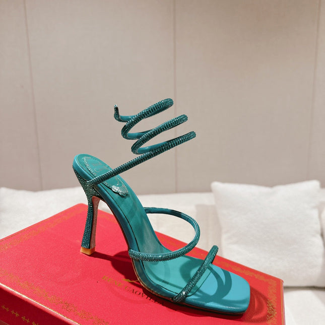 RENE CAOVILLA 26S SQUARE TOE ANKLE STRAP SANDALS 95 MM IN EMERALD GREEN LAMBSKIN