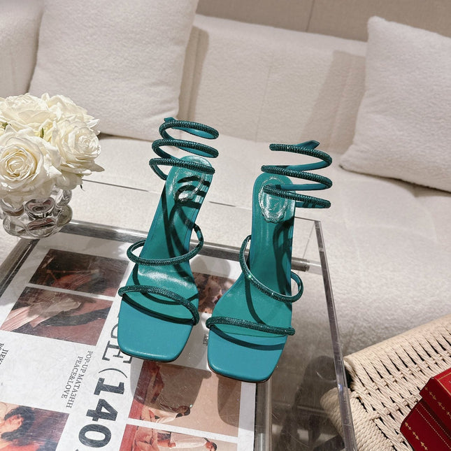 RENE CAOVILLA 26S SQUARE TOE ANKLE STRAP SANDALS 95 MM IN EMERALD GREEN LAMBSKIN