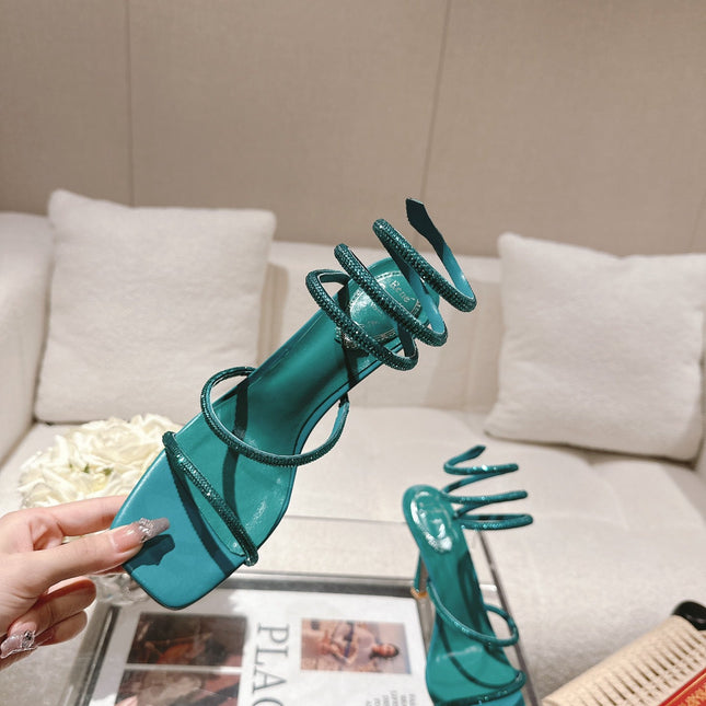 RENE CAOVILLA 26S SQUARE TOE ANKLE STRAP SANDALS 95 MM IN EMERALD GREEN LAMBSKIN