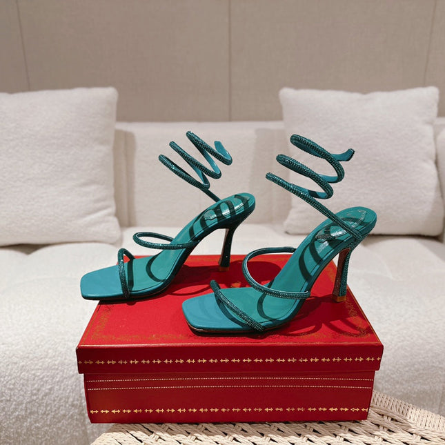 RENE CAOVILLA 26S SQUARE TOE ANKLE STRAP SANDALS 95 MM IN EMERALD GREEN LAMBSKIN
