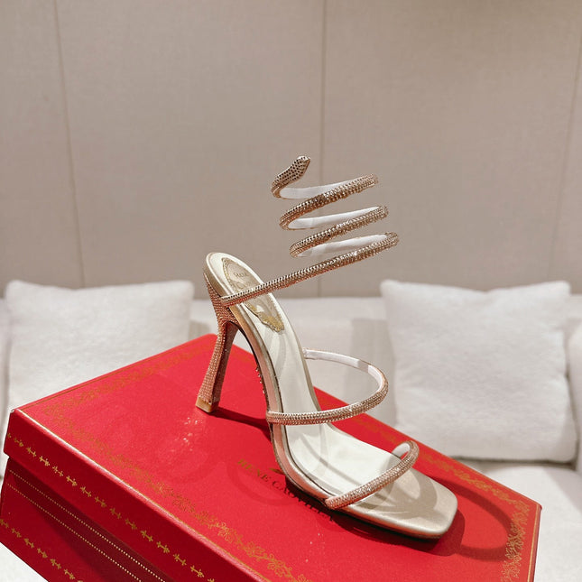 RENE CAOVILLA 26S SQUARE TOE ANKLE STRAP SANDALS 95 MM IN BEIGE LAMBSKIN