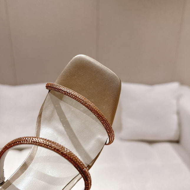 RENE CAOVILLA 26S SQUARE TOE ANKLE STRAP SANDALS 95 MM IN BEIGE LAMBSKIN
