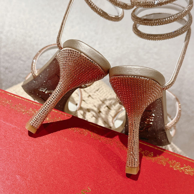 RENE CAOVILLA 26S SQUARE TOE ANKLE STRAP SANDALS 95 MM IN BEIGE LAMBSKIN