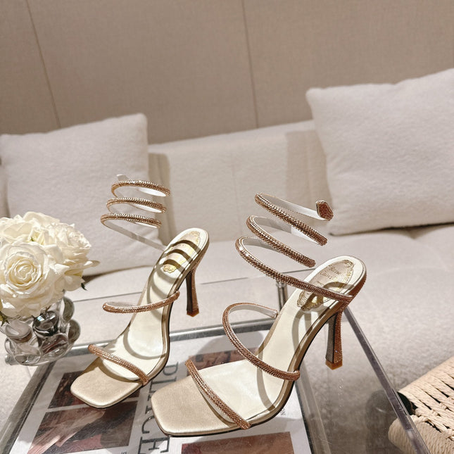 RENE CAOVILLA 26S SQUARE TOE ANKLE STRAP SANDALS 95 MM IN BEIGE LAMBSKIN