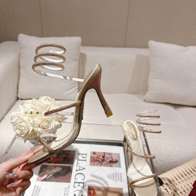 RENE CAOVILLA 26S SQUARE TOE ANKLE STRAP SANDALS 95 MM IN BEIGE LAMBSKIN