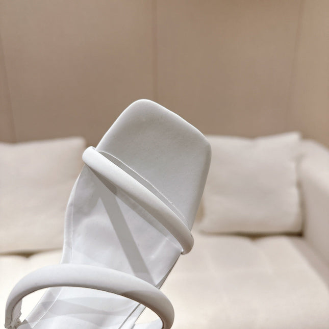 RENE CAOVILLA 26S SQUARE TOE ANKLE STRAP SANDALS 95 MM IN WHITE FABRIC