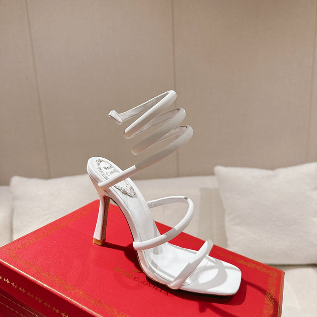 RENE CAOVILLA 26S SQUARE TOE ANKLE STRAP SANDALS 95 MM IN WHITE FABRIC