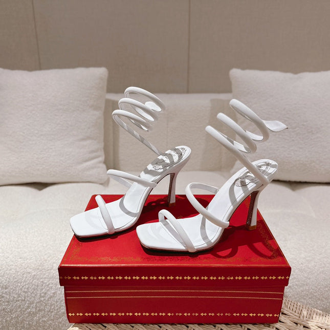 RENE CAOVILLA 26S SQUARE TOE ANKLE STRAP SANDALS 95 MM IN WHITE FABRIC