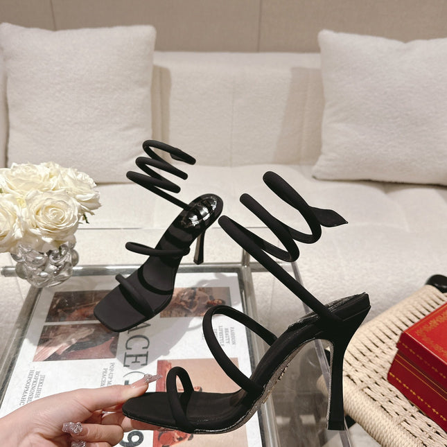 RENE CAOVILLA 26S SQUARE TOE ANKLE STRAP SANDALS 95 MM IN BLACK FABRIC