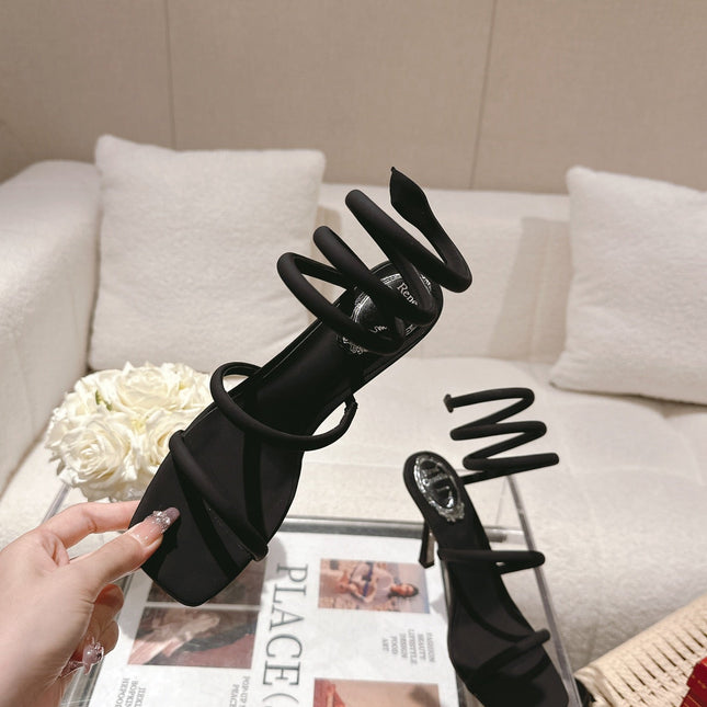 RENE CAOVILLA 26S SQUARE TOE ANKLE STRAP SANDALS 95 MM IN BLACK FABRIC