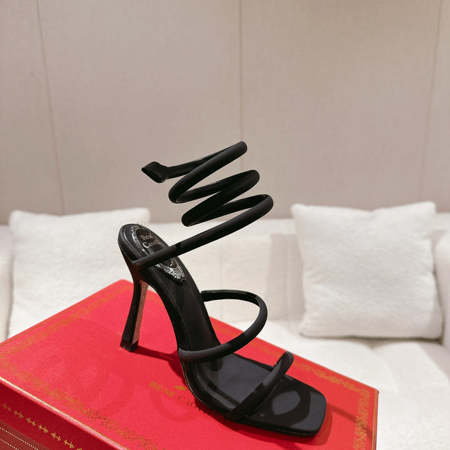 RENE CAOVILLA 26S SQUARE TOE ANKLE STRAP SANDALS 95 MM IN BLACK FABRIC