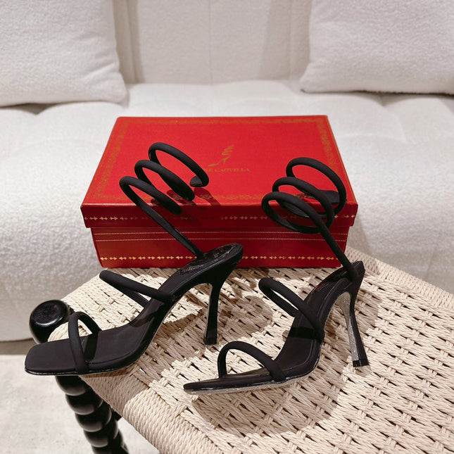 RENE CAOVILLA 26S SQUARE TOE ANKLE STRAP SANDALS 95 MM IN BLACK FABRIC