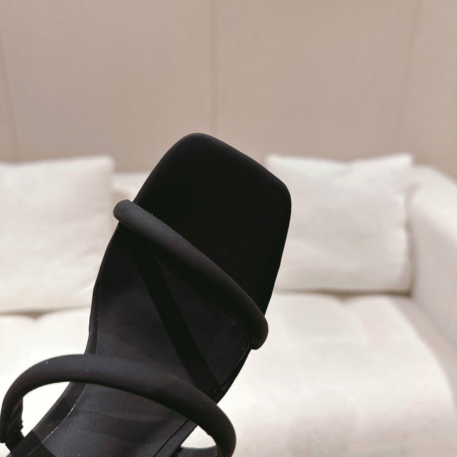 RENE CAOVILLA 26S SQUARE TOE ANKLE STRAP SANDALS 95 MM IN BLACK FABRIC
