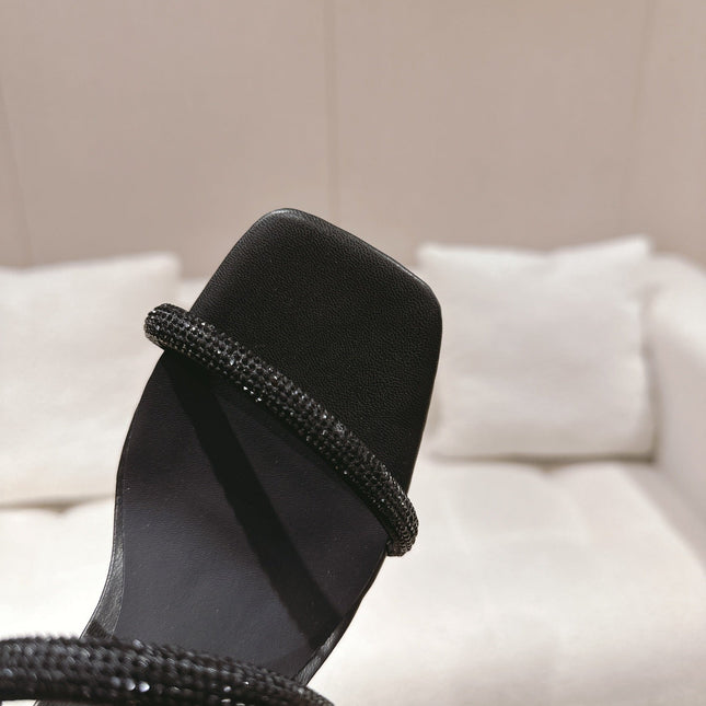 RENE CAOVILLA 26S SQUARE TOE ANKLE STRAP SANDALS 95 MM IN BLACK LAMBSKIN