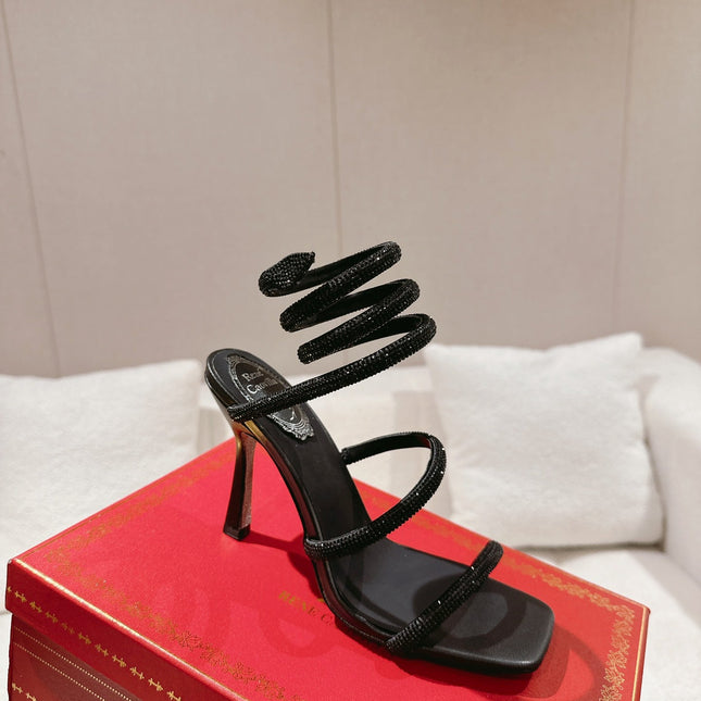RENE CAOVILLA 26S SQUARE TOE ANKLE STRAP SANDALS 95 MM IN BLACK LAMBSKIN