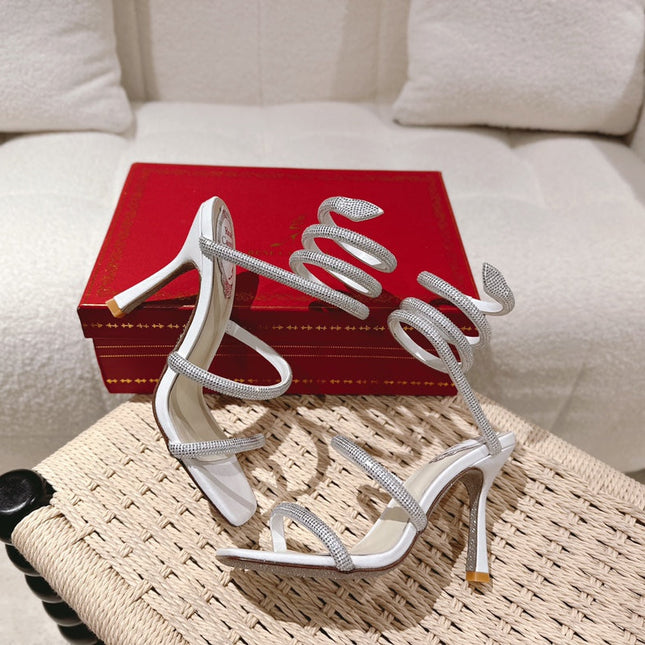 RENE CAOVILLA 26S SQUARE TOE ANKLE STRAP SANDALS 95 MM IN WHITE LAMBSKIN