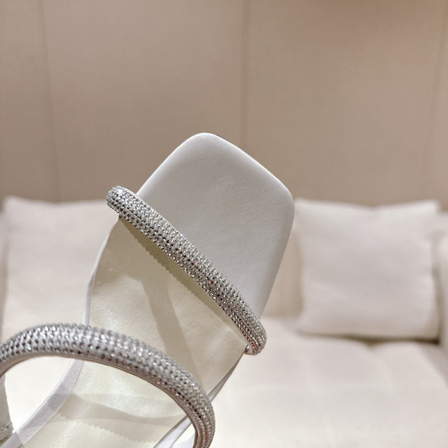 RENE CAOVILLA 26S SQUARE TOE ANKLE STRAP SANDALS 95 MM IN WHITE LAMBSKIN