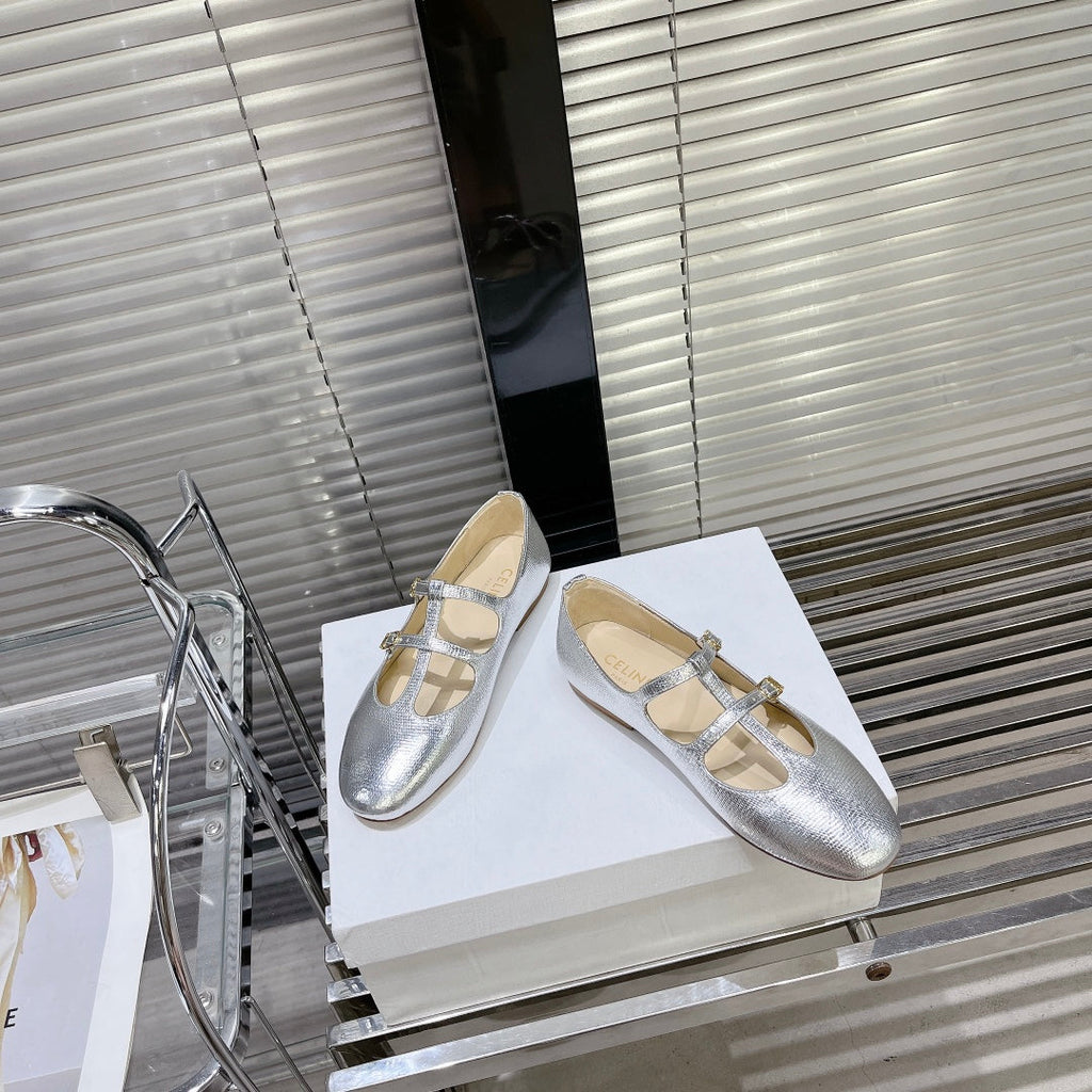 FLAT SANDALS WITH DOUBLE STRAP-DESIGN LEATHER SILVER