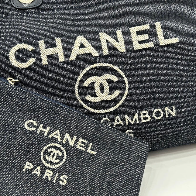 CC DEAUVILLE LARGE 38 TOTE BAG IN BLACK CANVAS WITH WHITE LOGO EMBROIDERED