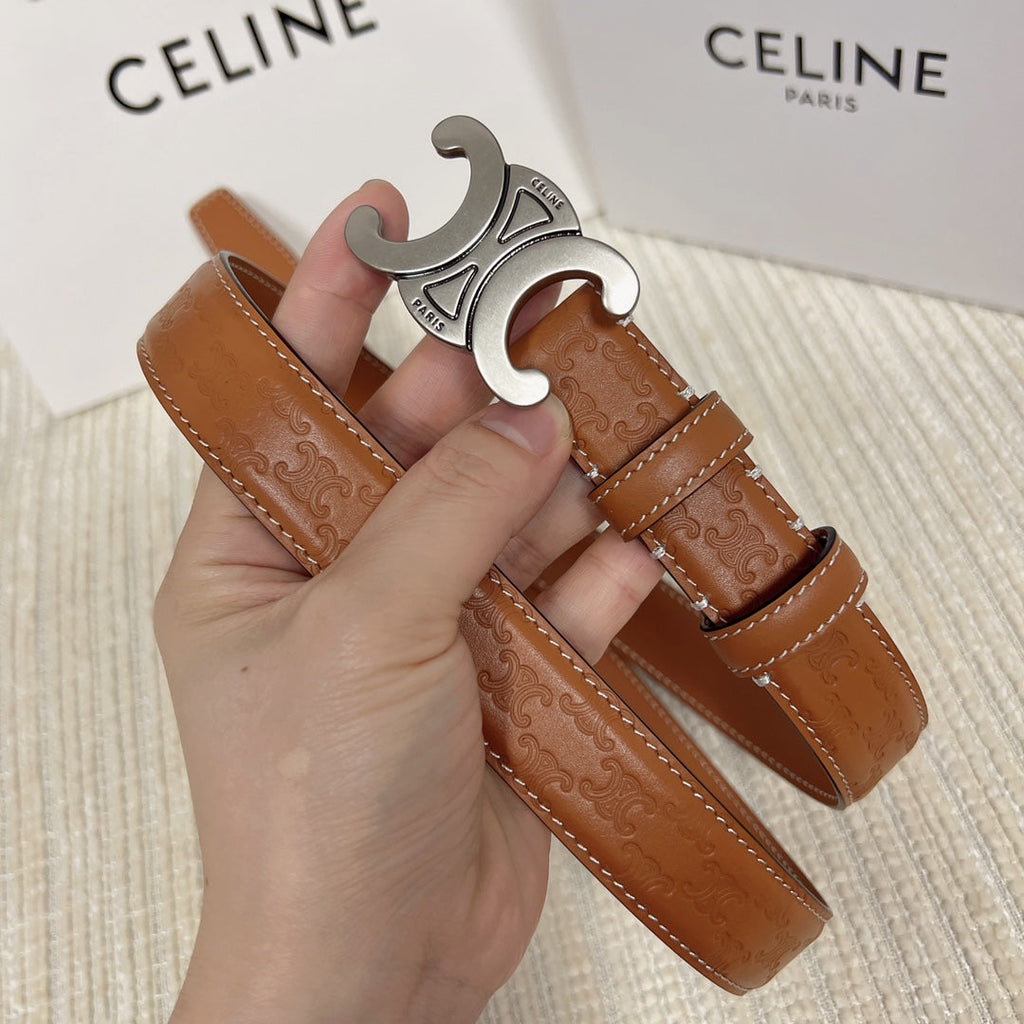 Medium Triomphe Belt 25mm Tan Calfskin White Line Finishing Silver Finishing
