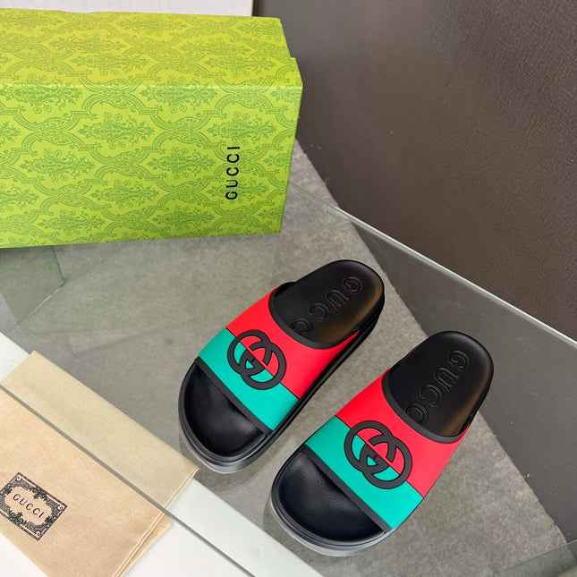 INTERLOCKING G SLIDE SANDAL IN BLACK MIX COLORFUL IMPORTED TPU