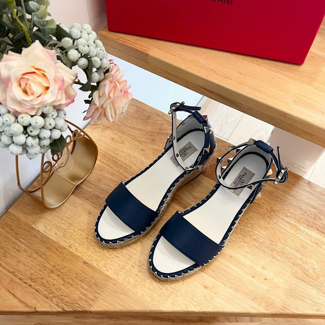 VALENTINO 26S WEDGE SANDALS IN DARK BLUE CALFSKIN