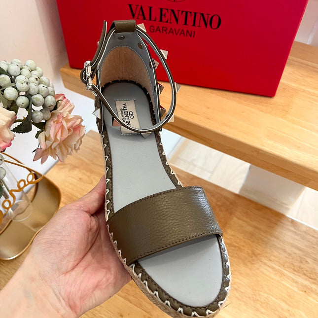 VALENTINO 26S WEDGE SANDALS IN OLIVE GREEN CALFSKIN