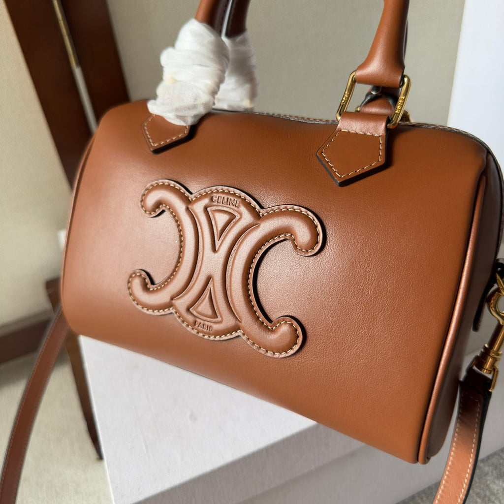 EMBOSSED CELINE TOP HANDLE BAG 20 IN BROWN CALFSKIN