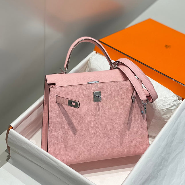KELLY 25CM IN ROSE SAKURA SWIFT CALFSKIN SILVER HARDWARE