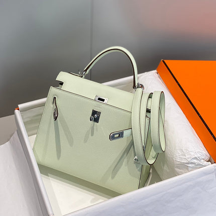 KELLY 25CM IN VERT FIZZ SWIFT CALFSKIN SILVER HARDWARE