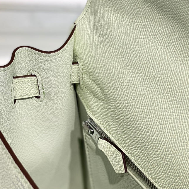 KELLY 25CM IN VERT FIZZ SWIFT CALFSKIN SILVER HARDWARE