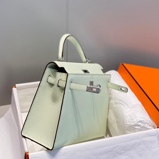 KELLY 25CM IN VERT FIZZ SWIFT CALFSKIN SILVER HARDWARE