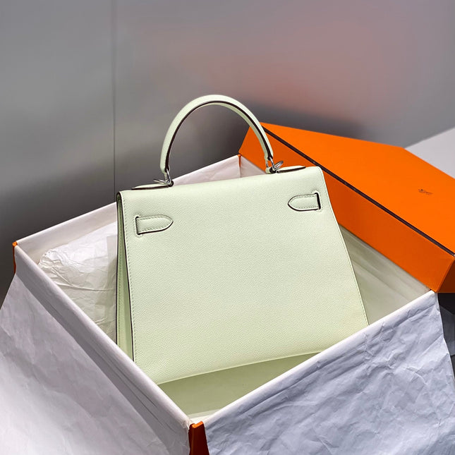 KELLY 28CM IN VERT FIZZ SWIFT CALFSKIN SILVER HARDWARE
