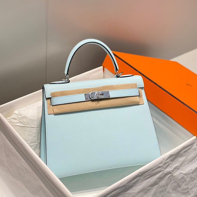 KELLY 28CM IN BLUE BRUME EPSOM CALFSKIN PALLADIUM HARDWARE