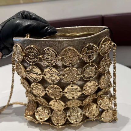 CHANEL 26S PARIS-GREECE MEDALLION CROSSBODY BAG 19 IN GOLD METALLIC LAMBSKIN GOLD HARDWARE
