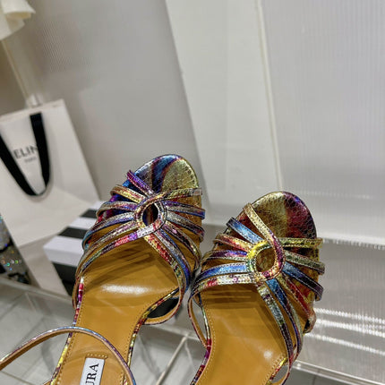 AQUAZZURA 26S HEELED SANDALS 130 MM IN RAINBOW METALLIC SNAKE-EMBOSSED LEATHER