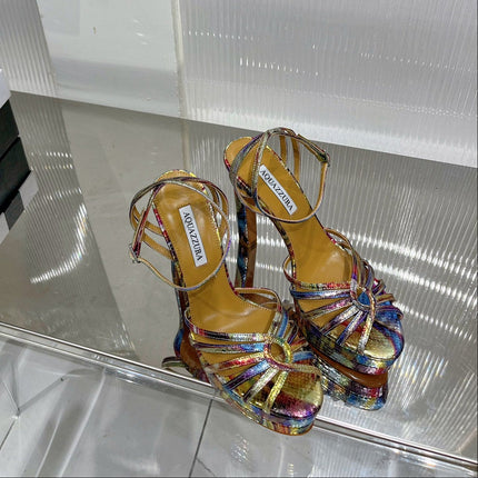 AQUAZZURA 26S HEELED SANDALS 130 MM IN RAINBOW METALLIC SNAKE-EMBOSSED LEATHER