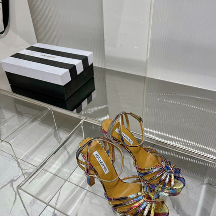 AQUAZZURA 26S HEELED SANDALS 130 MM IN RAINBOW METALLIC SNAKE-EMBOSSED LEATHER