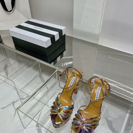 AQUAZZURA 26S HEELED SANDALS 130 MM IN RAINBOW METALLIC SNAKE-EMBOSSED LEATHER