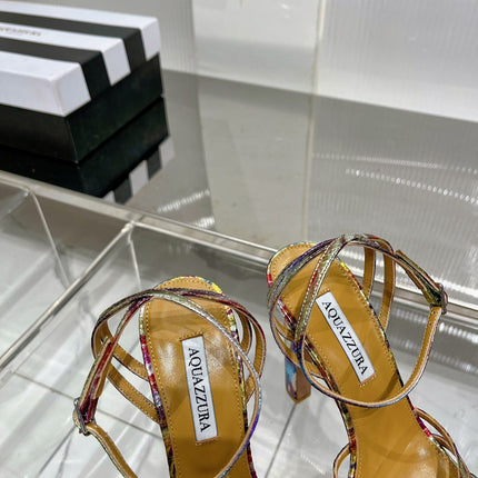 AQUAZZURA 26S HEELED SANDALS 130 MM IN RAINBOW METALLIC SNAKE-EMBOSSED LEATHER