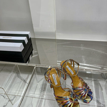 AQUAZZURA 26S HEELED SANDALS 130 MM IN RAINBOW METALLIC SNAKE-EMBOSSED LEATHER