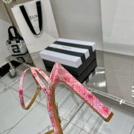 AQUAZZURA 26S HEELED SANDALS 130 MM IN MULTICOLOR PINK SNAKE-EMBOSSED LEATHER