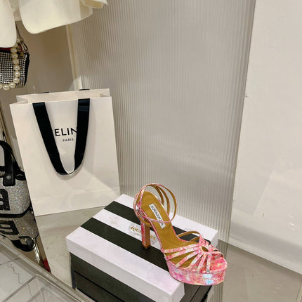 AQUAZZURA 26S HEELED SANDALS 130 MM IN MULTICOLOR PINK SNAKE-EMBOSSED LEATHER