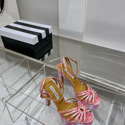 AQUAZZURA 26S HEELED SANDALS 130 MM IN MULTICOLOR PINK SNAKE-EMBOSSED LEATHER
