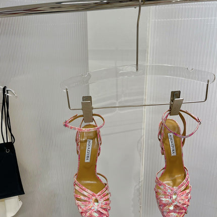 AQUAZZURA 26S HEELED SANDALS 130 MM IN MULTICOLOR PINK SNAKE-EMBOSSED LEATHER