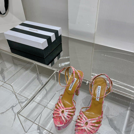 AQUAZZURA 26S HEELED SANDALS 130 MM IN MULTICOLOR PINK SNAKE-EMBOSSED LEATHER