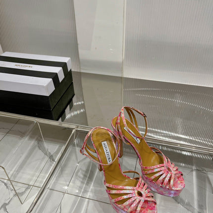 AQUAZZURA 26S HEELED SANDALS 130 MM IN MULTICOLOR PINK SNAKE-EMBOSSED LEATHER